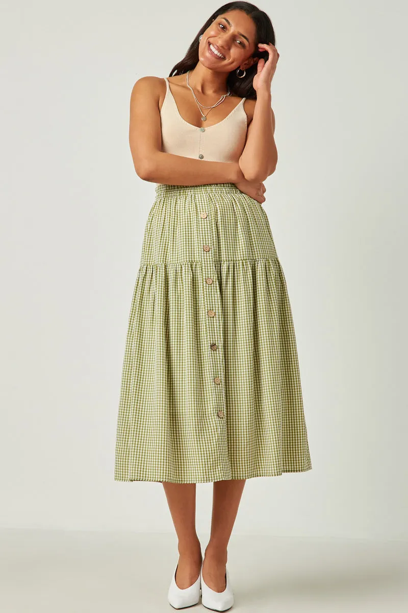Compact Packability Relaxed Comfort Gingham Elastic Waist Button Down Skirt