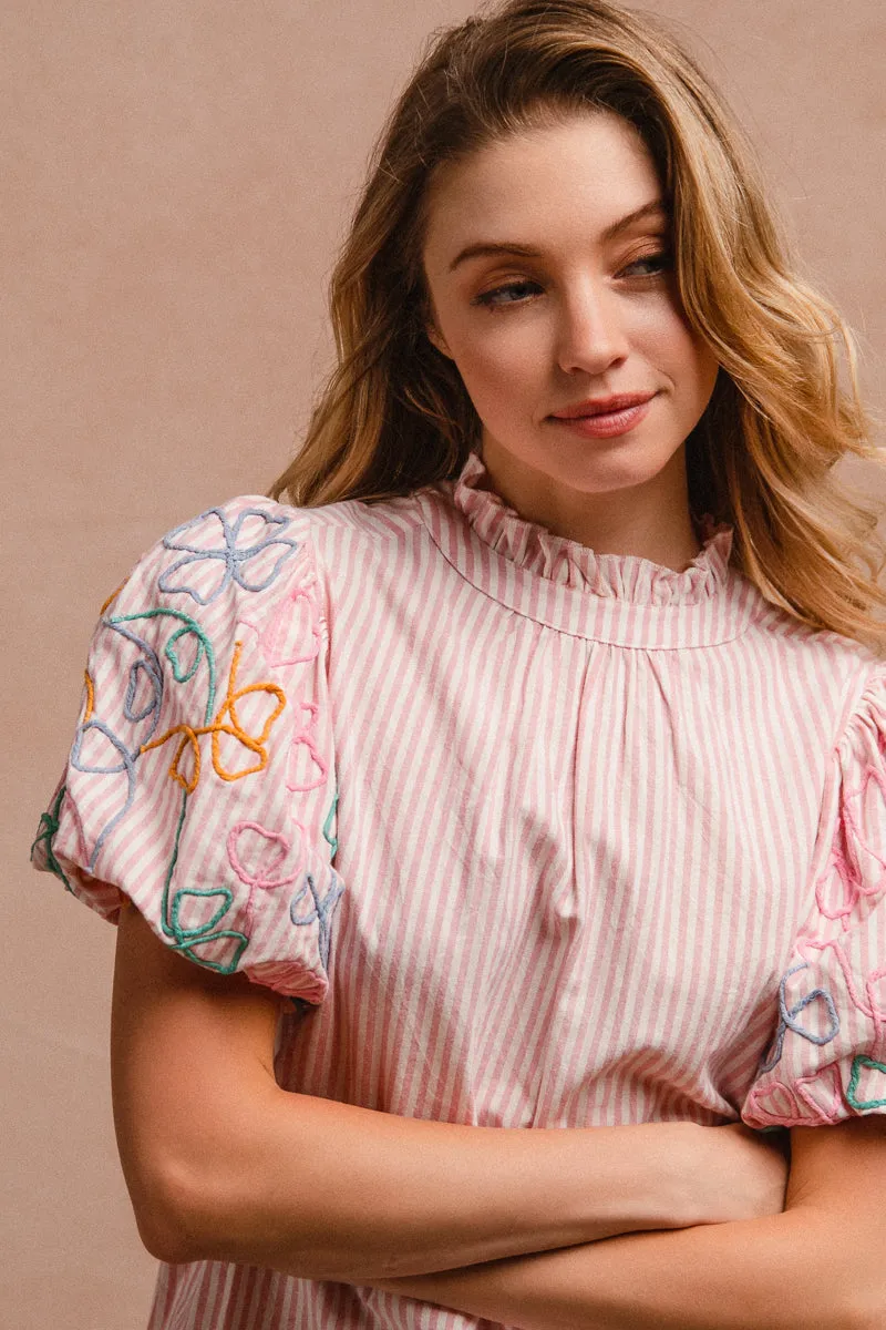 Eco Conscious Production IT3313R-03 | EMBROIDERY BUBBLE SLEEVE TOP WITH BOTTOM SCALLOP DETAIL