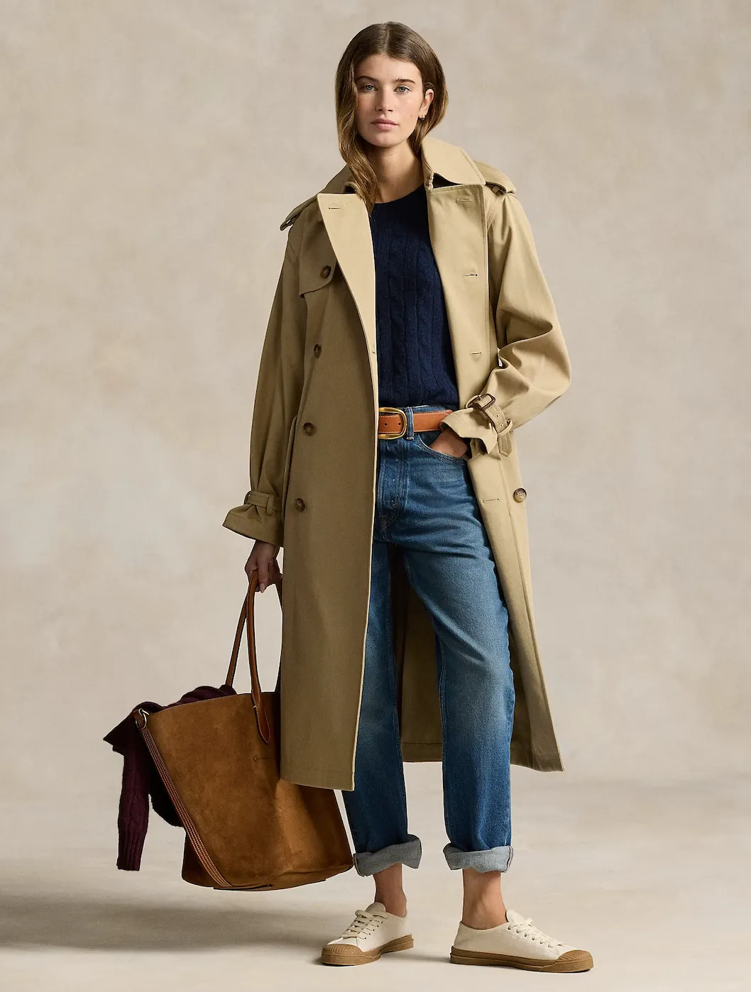 RALPH LAUREN COTTON TWILL TRENCH Oversized Fit Low Profile Collar