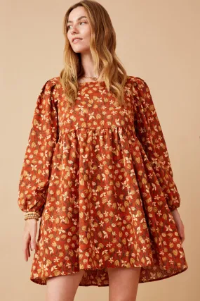 Floral Printed Corduroy Pleated Sleeve Dress Chic Motion