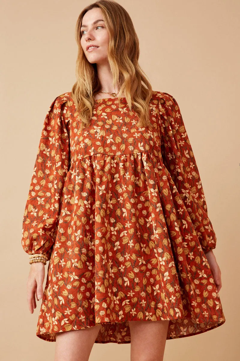 City Essential A-Line Floral Printed Corduroy Pleated Sleeve Dress