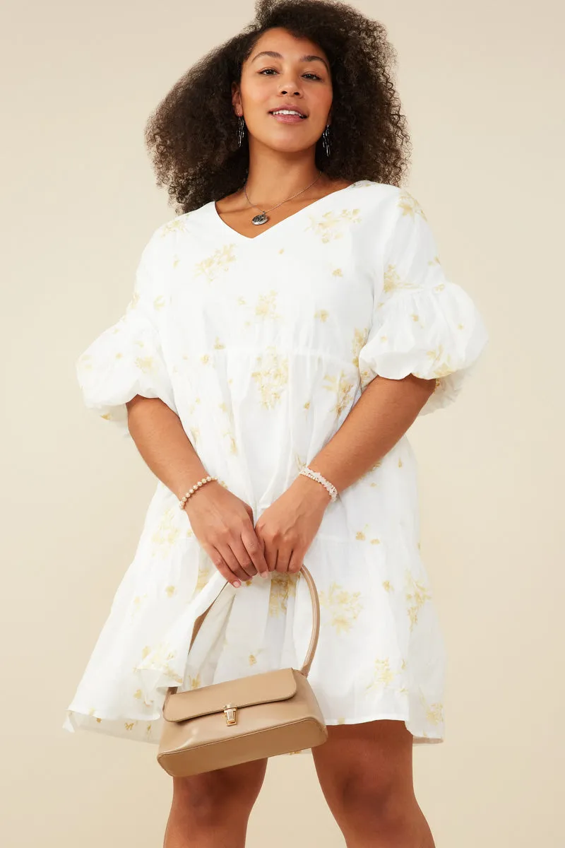 Floral Embroidered Bubble Sleeve V Neck Dress Date Nightwear Modern Movement