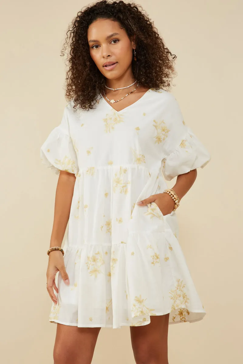 Natural Form Lightweight-Layer Floral Embroidered Bubble Sleeve V Neck Dress