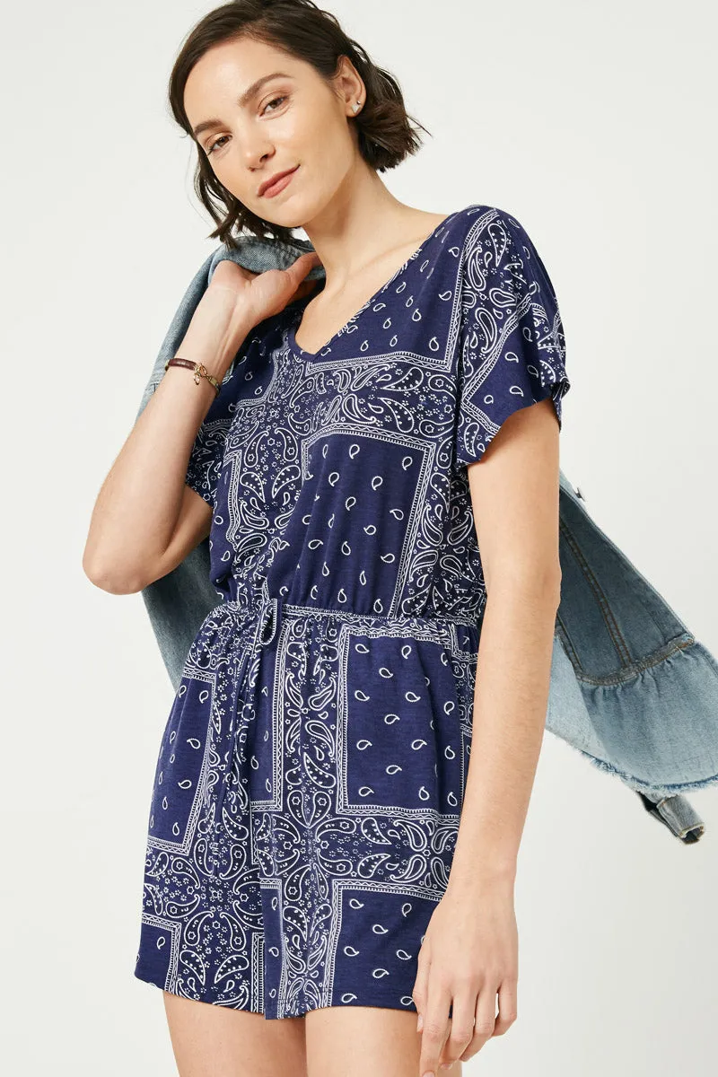 Bandana Print Pocket Knit Romper Light Fabric