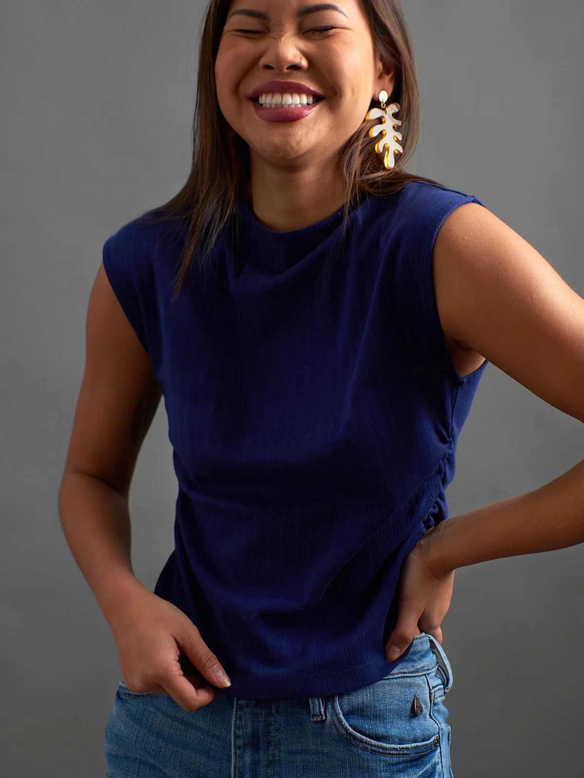 Durable Weave Double Layered Fabric Ruched Top - Navy Rib Knit