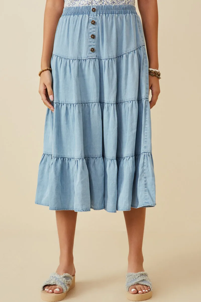 Tiered Button Front Tencel Skirt Bonded Seam Technology