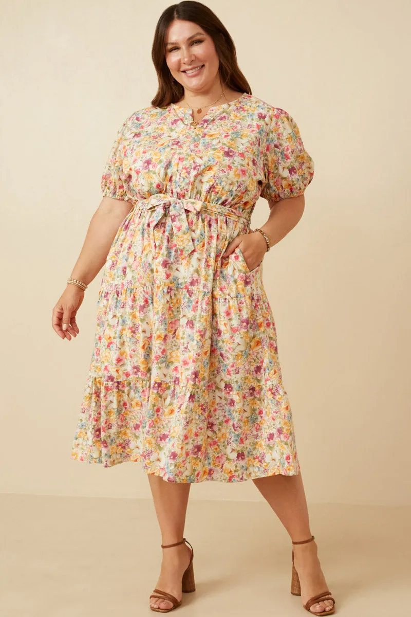 Weekend Look Button-Cuff Floral Print Belted Dress