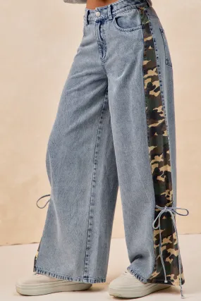 IB1765G-03 | CAMOUFLAGE PRINT SIDE BOW TIED WASHED DENIM PANTS Fall Layer Holiday Wear