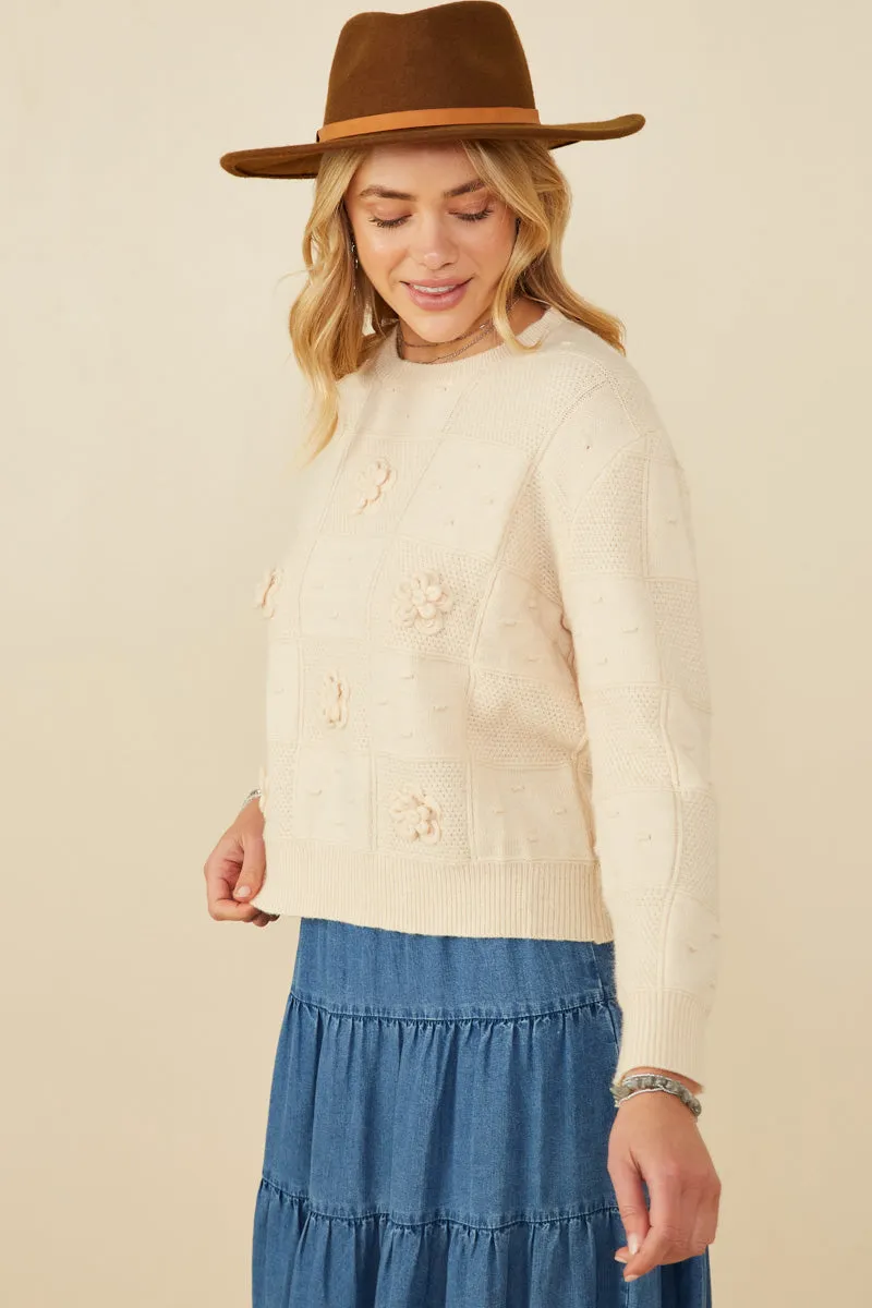 Waterproof Stitch Details Hand Knit Floral Patch Sweater