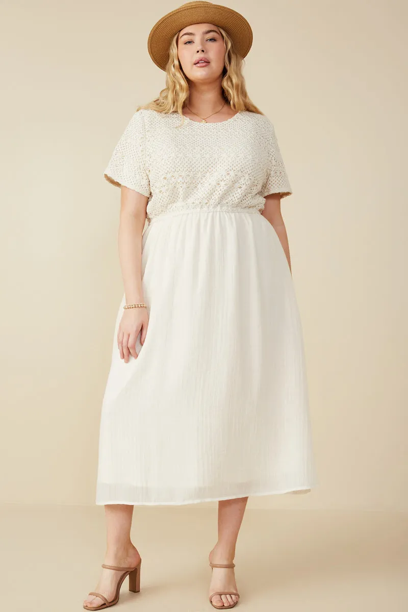 Bloom Soft Dinner Outfit Crochet Mix Media Midi Dress
