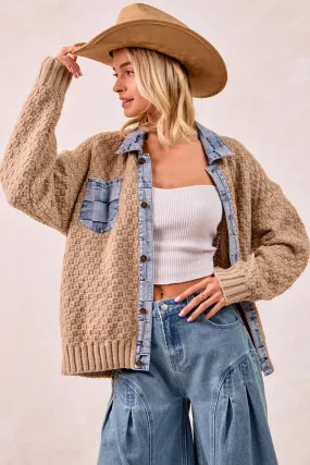 Fashion Trend Breathable City Style IT4420G-02 | WASHED CHECKER DENIM MIX AND MATCH SWEATER TOP