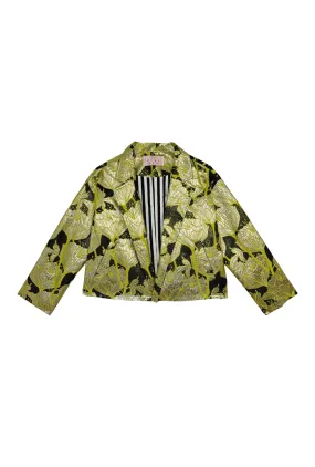 Breathable Mesh Panels Cropped Boyfriend Blazer - Chartreuse and Black Brocade