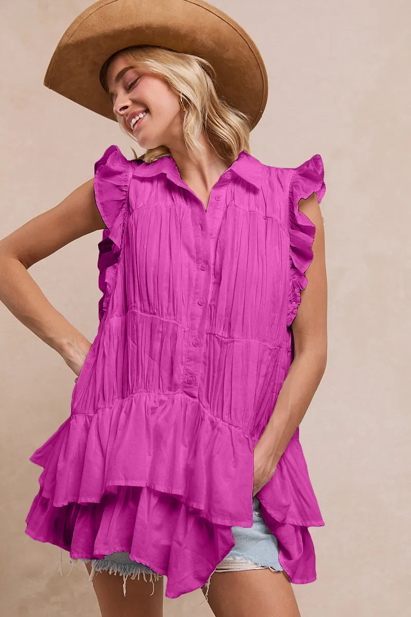 IT4268R-01 | SHIRRING RUFFLE SLEEVE TUNIC COLLAR NECK TOP stand neck