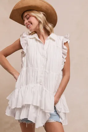 IT4268R-01 | SHIRRING RUFFLE SLEEVE TUNIC COLLAR NECK TOP Noise Reduciting Fabric