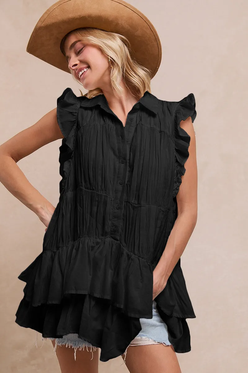 IT4268R-01 | SHIRRING RUFFLE SLEEVE TUNIC COLLAR NECK TOP Compact packaging Dual Layer Insulation