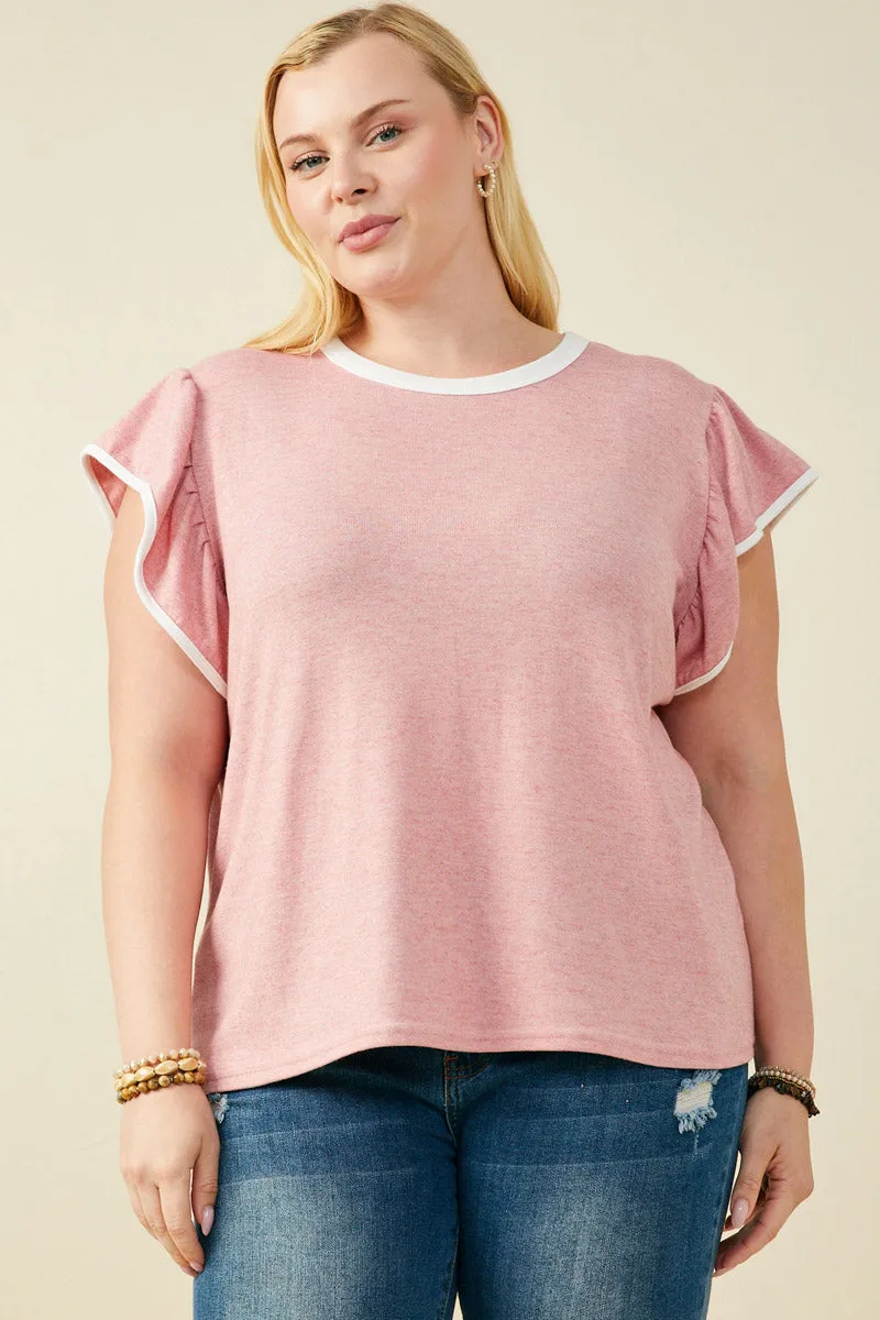 Winter Wardrobe Heathered Contrast Piped Ruffle Top