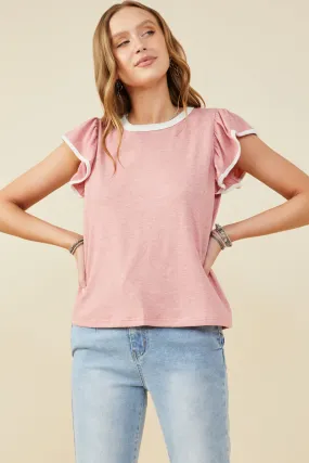Heathered Contrast Piped Ruffle Top Adjustable Hem