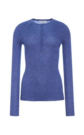 Non Restrictive Fit Durable Overlock Stitch Anges Knit Henley in Cobalt Cashmere Silk with Hemp