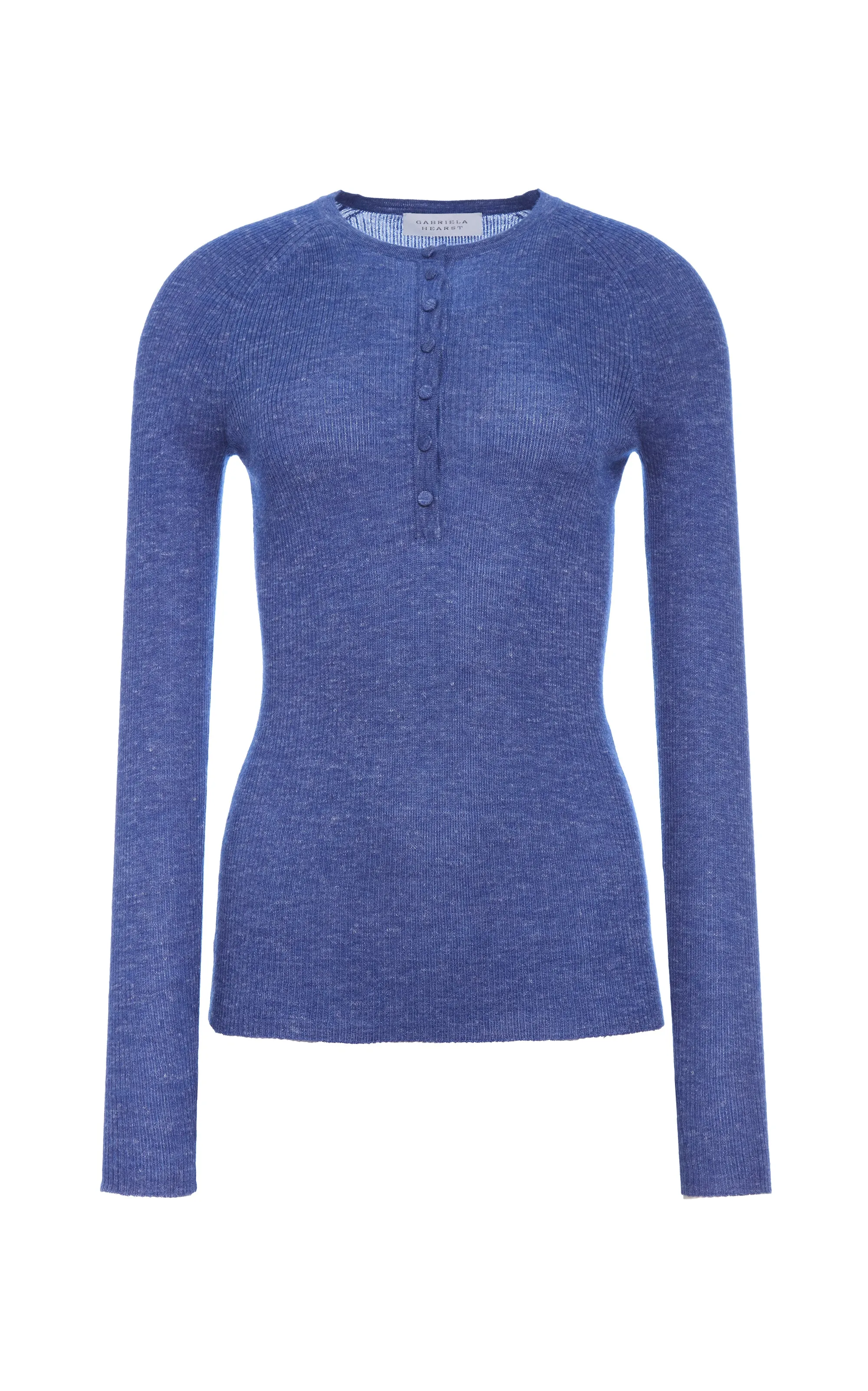 Non Restrictive Fit Durable Overlock Stitch Anges Knit Henley in Cobalt Cashmere Silk with Hemp