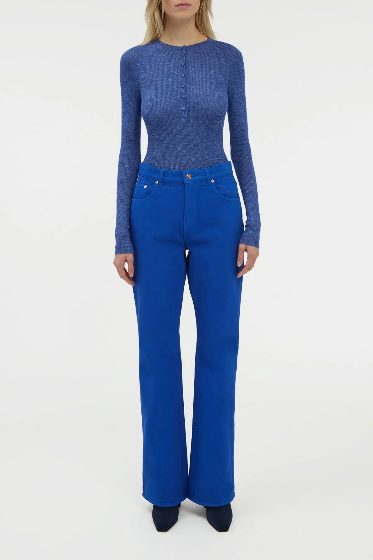 Timeless Cut Anges Knit Henley in Cobalt Cashmere Silk with Hemp