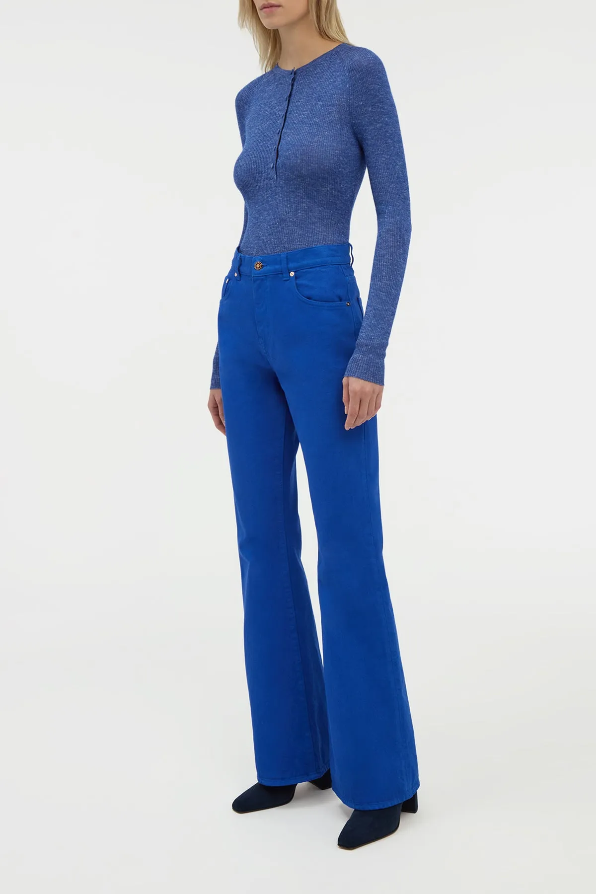 Anges Knit Henley in Cobalt Cashmere Silk with Hemp Long Sleeve Tee