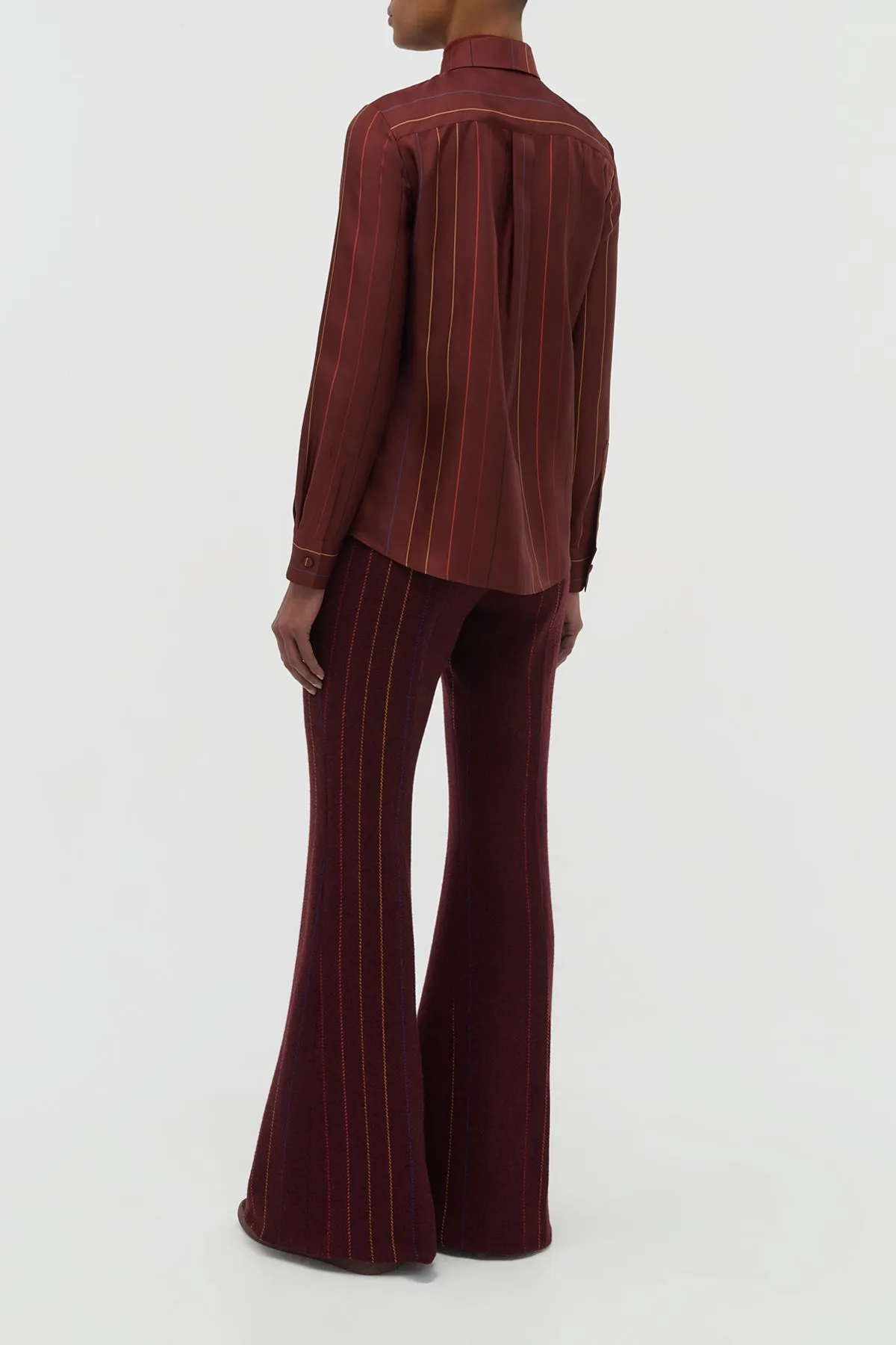 Henri Blouse in Burnt Sienna Multi Pinstripe Silk Twill Breathable Knit Fabric HighNeck