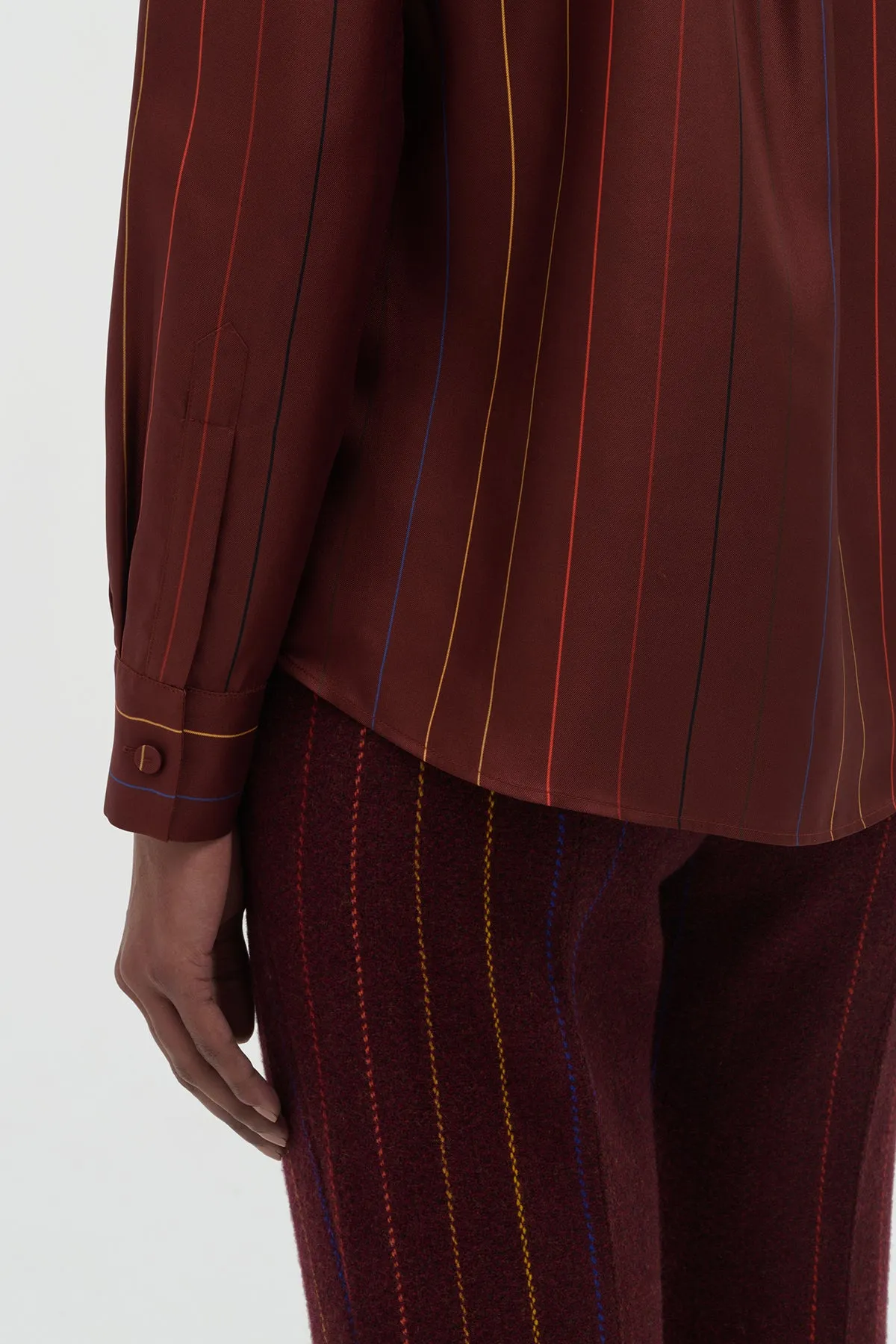 Noise Reduced Zipper Henri Blouse in Burnt Sienna Multi Pinstripe Silk Twill