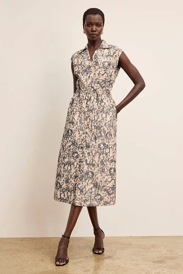 Cira Shirt Dress - Warped Floral :: Ecru/Stone Blue BreathableMaterial Seamless Knit Design