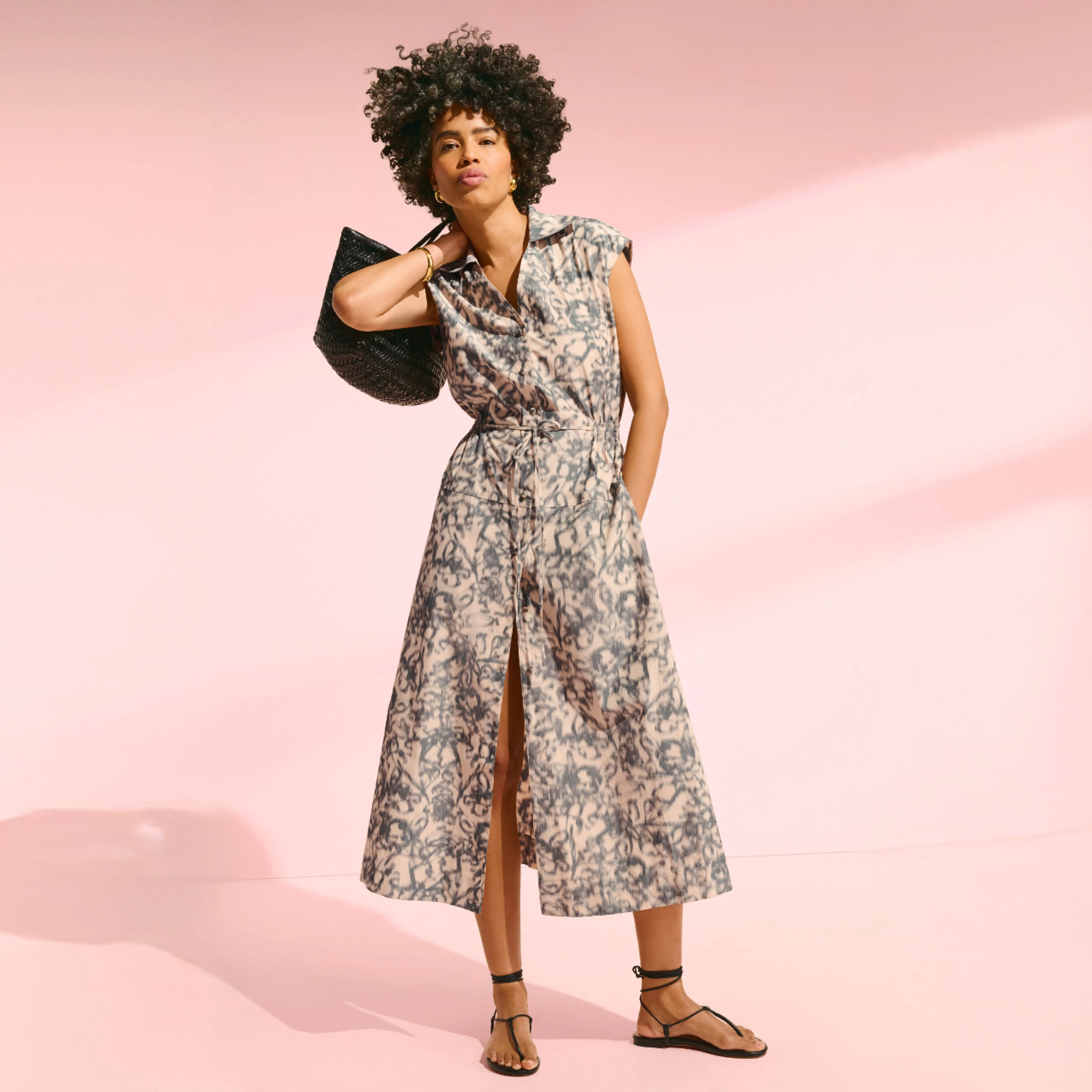 SweatWicking Fabric Versatile Wear Cira Shirt Dress - Warped Floral :: Ecru/Stone Blue