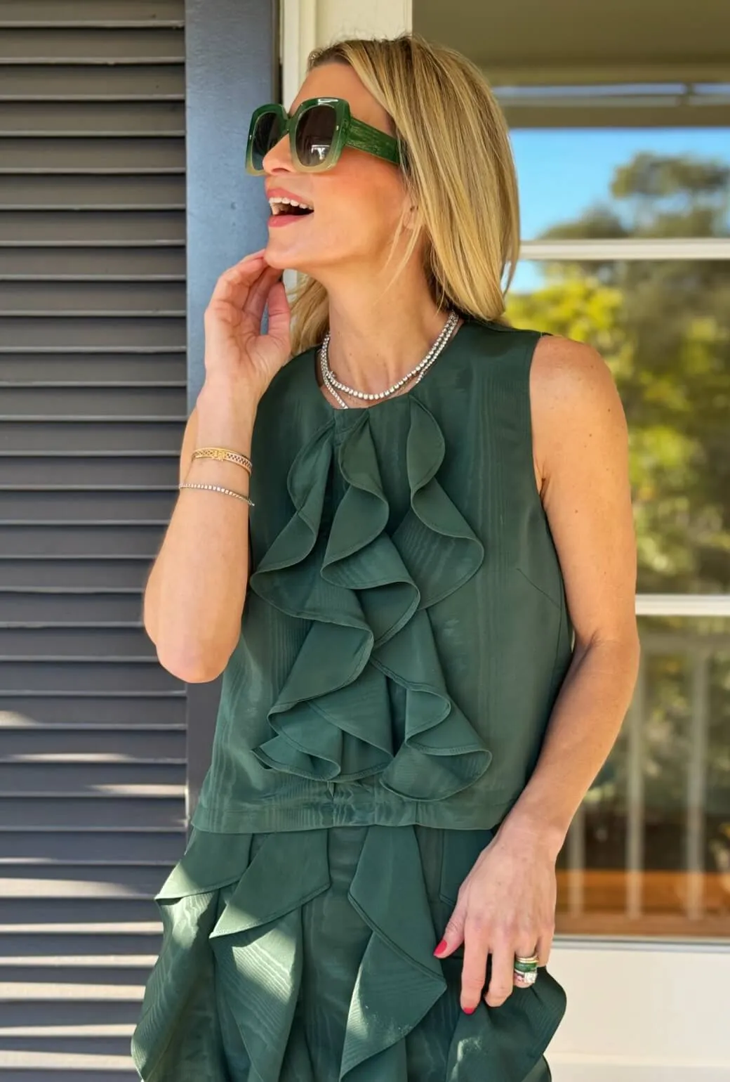 Sustainable Production Certified EcoCertified Textile Le Ruffle Top - Jade Moir??