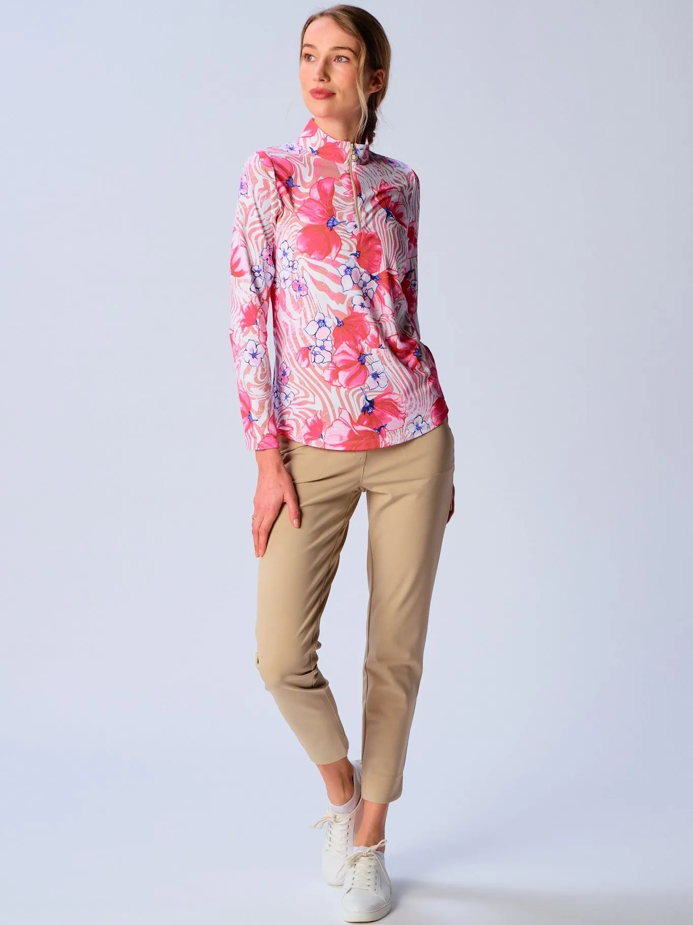 Quarter Zip Sun Protection Top In Beige Zebra Metallic Fiber Blend Ribbed Collar Style