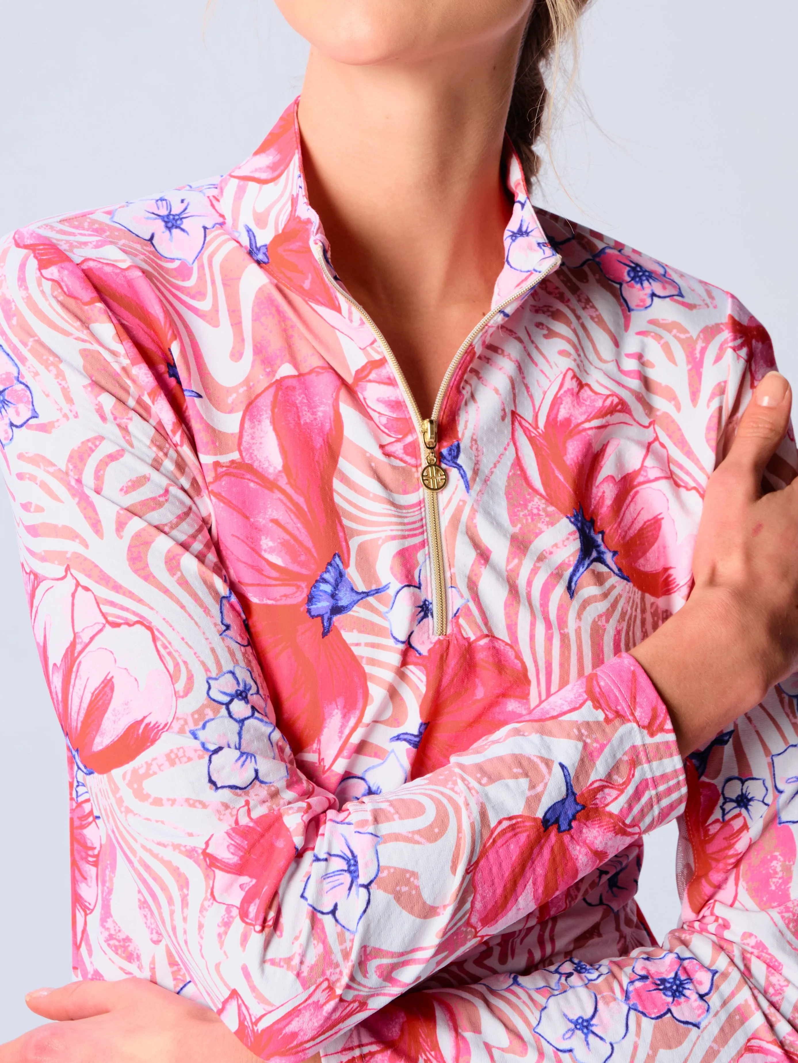 Quarter Zip Sun Protection Top In Beige Zebra Comfy Layer Ethically Sourced Yarn