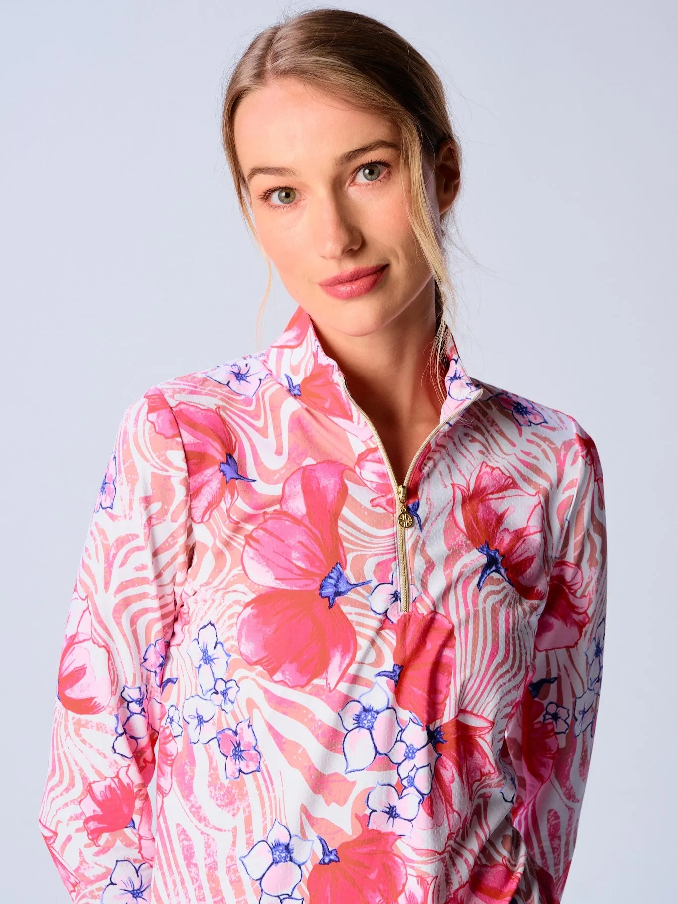 AntiPill Surface Quarter Zip Sun Protection Top In Beige Zebra