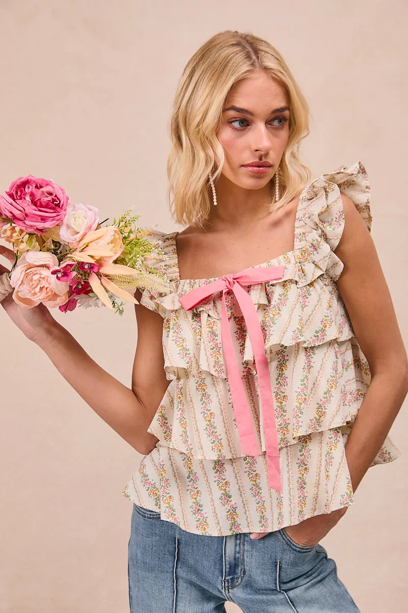 IT4254R-01 | FLORAL PRINTED WOVEN FRONT BOW TIED RUFFLED SQUARE NECK TOP MeshLinedVents Quick Pull Zipper