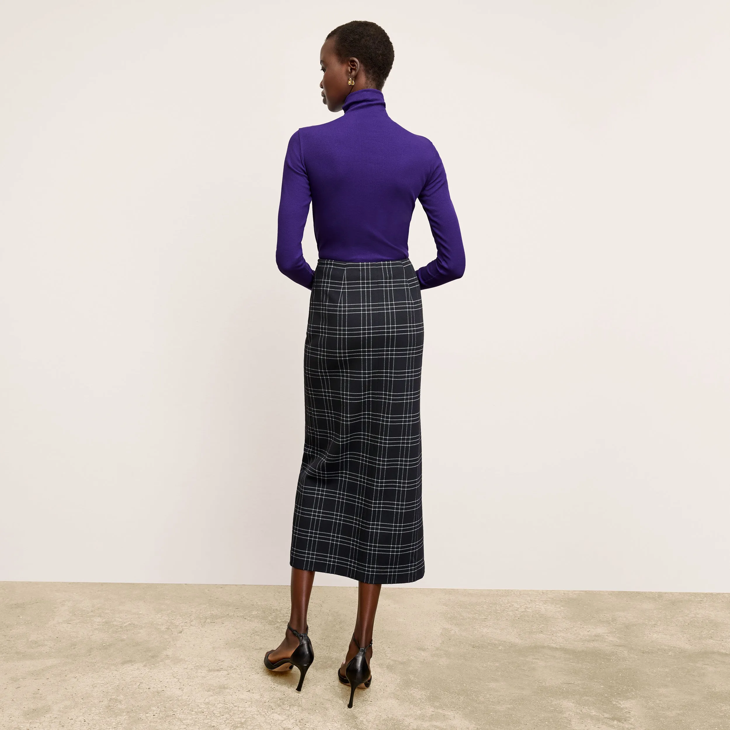 Hybrid Fabric Blend High Collar Neckline Options Amara Skirt - Knit Suiting :: Plaid