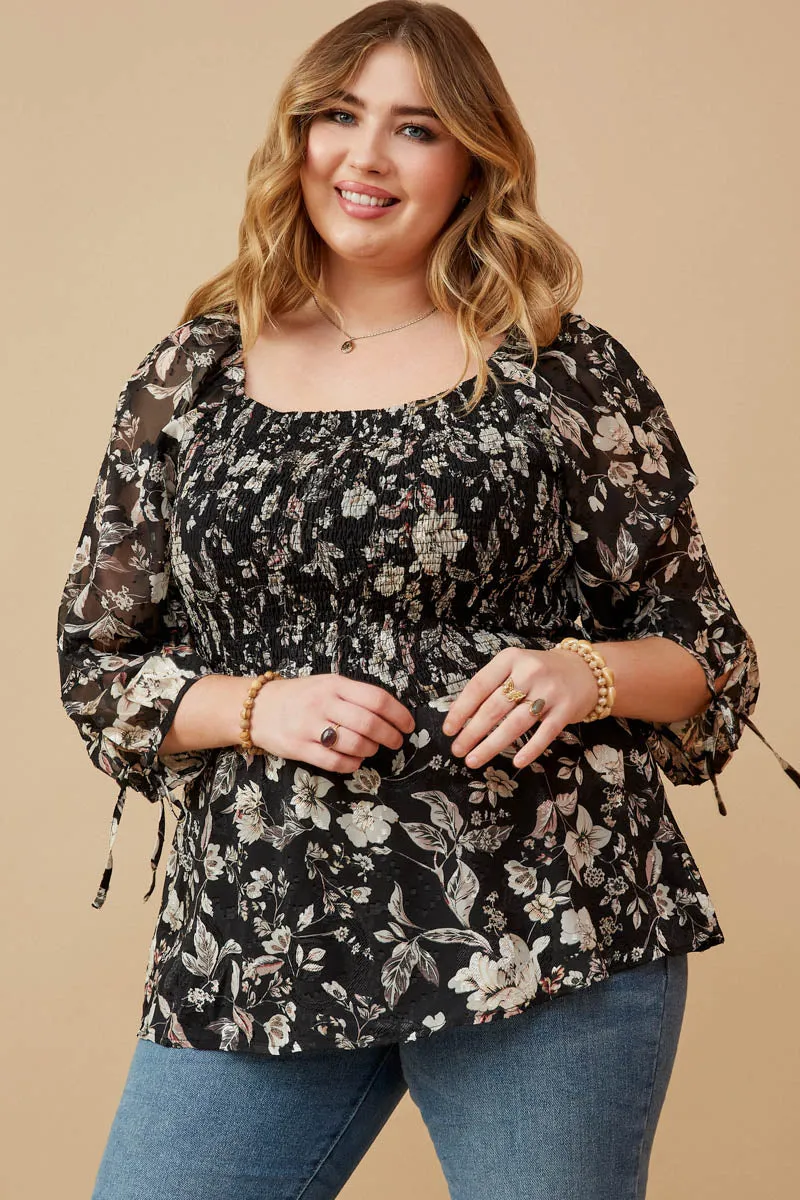 AllSeason Wearability Simple Cut Textured Floral Chiffon Smocked Square Neck Top