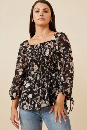 Bonded Seam Construction Textured Floral Chiffon Smocked Square Neck Top