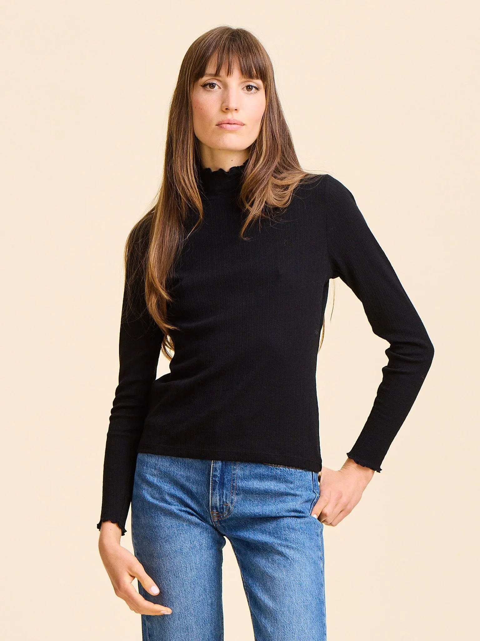 Carmela Pointelle Turtleneck in Black Stretch Comfort