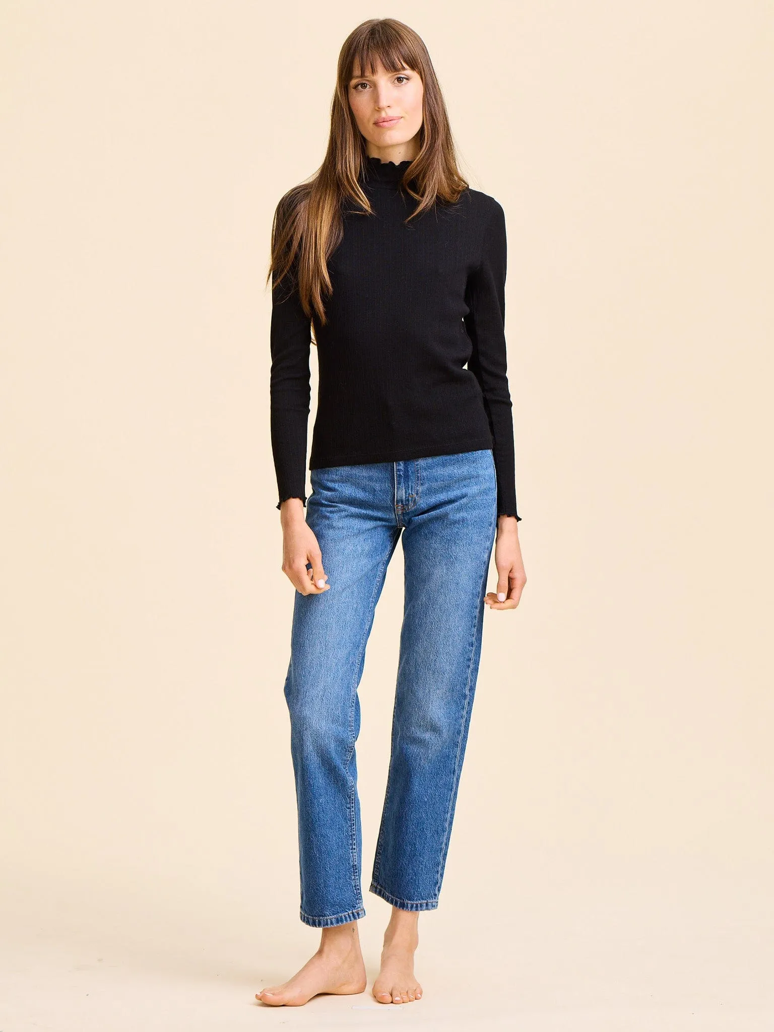 Carmela Pointelle Turtleneck in Black Lightweight Thermal
