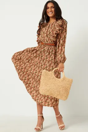 Pleated Floral Midi Dress With Ruffle Detail Classic Touch Grace Flow