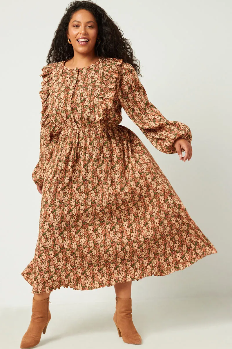Pleated Floral Midi Dress With Ruffle Detail Seasonal Mood