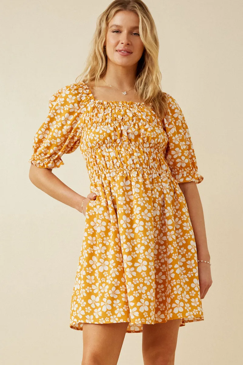 Floral Square Neck Loose Smocked Mini Dress Dreamy Texture