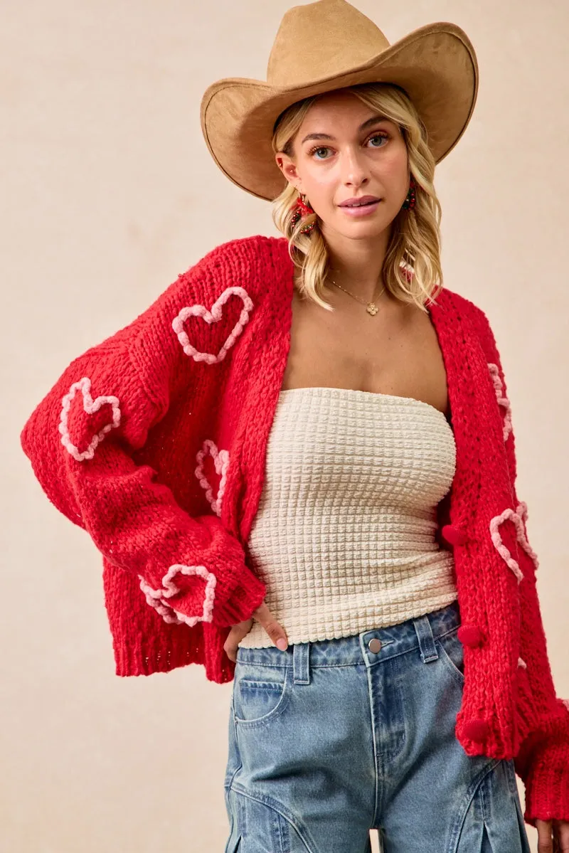 Office Wear IT4515-01 | POM POM HEART V-NECK SWEATER CARDIGAN