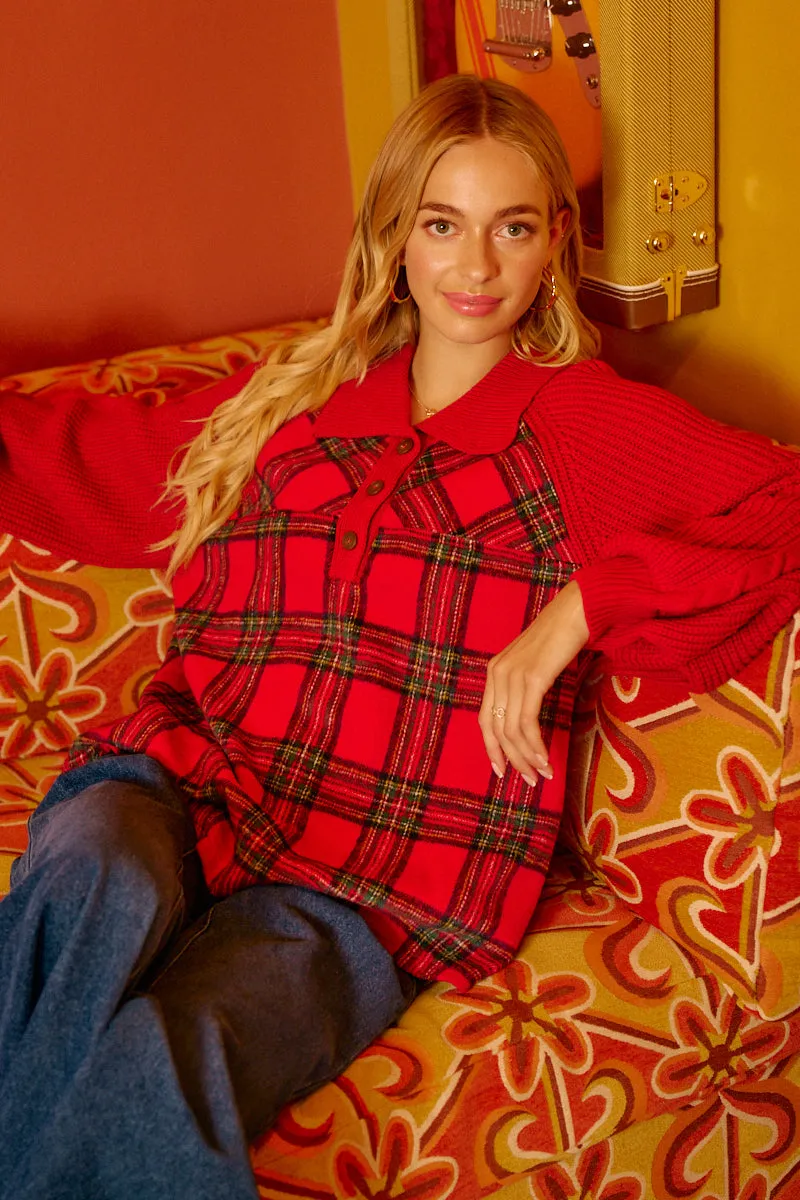 IT4688S-02 | CHRISTMAS PLAID BUTTONED COLLARED TOP WITH SWEATER Water Repellent Coating ReinforcedStressPoints