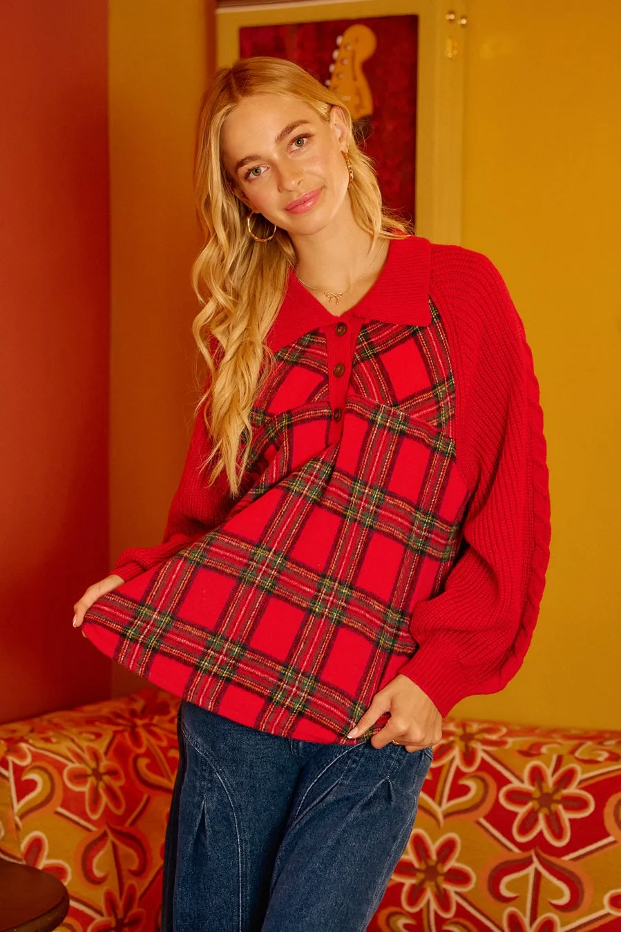 Two Tone Design Ultraviolet Protection Factor IT4688S-02 | CHRISTMAS PLAID BUTTONED COLLARED TOP WITH SWEATER