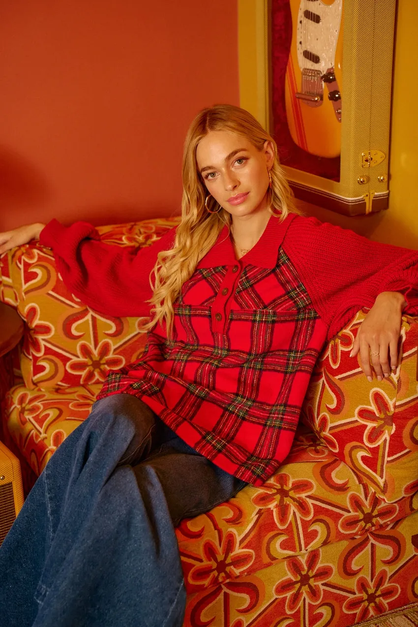 Seamless Stitching Anti Pilling Finish IT4688S-02 | CHRISTMAS PLAID BUTTONED COLLARED TOP WITH SWEATER