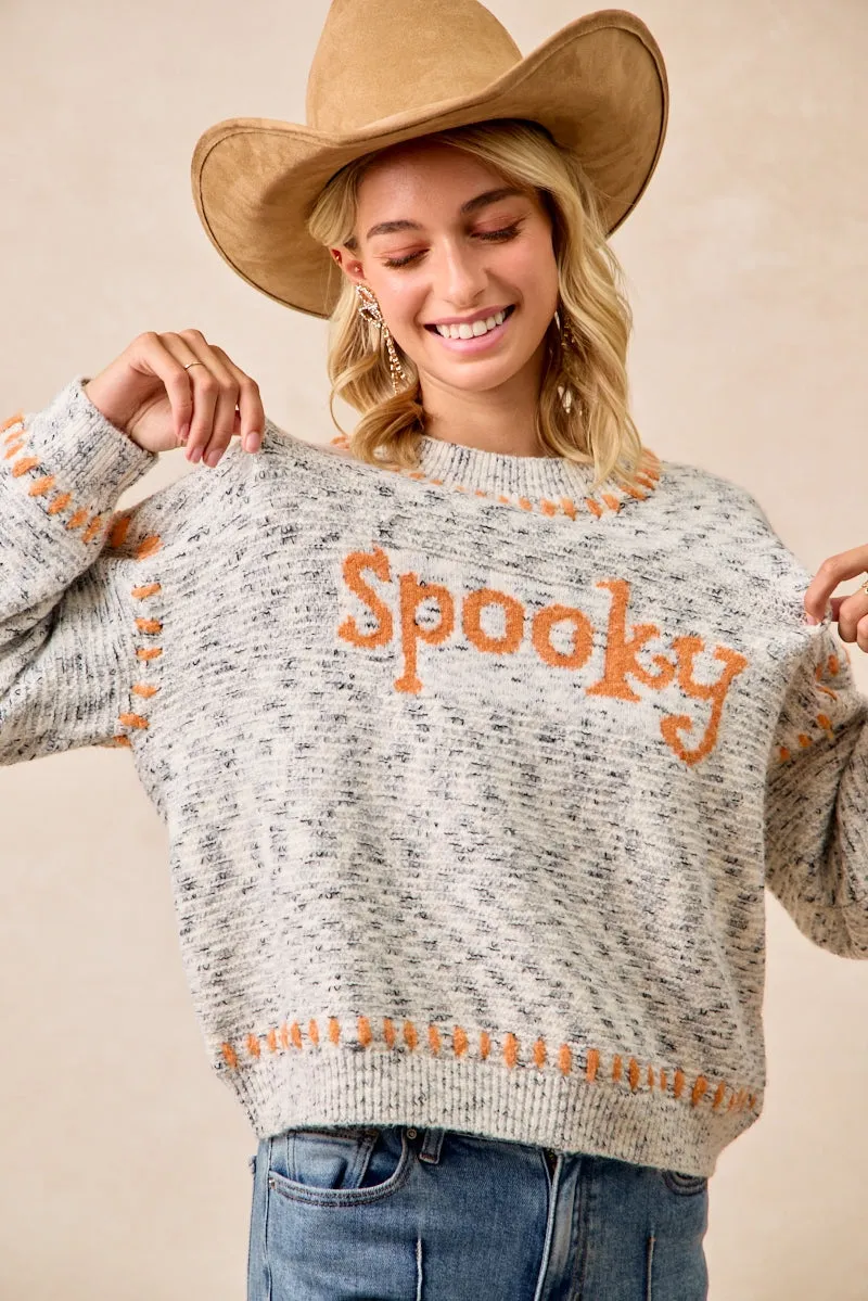 Wrinkle Free Exterior Quick Dry Fabric Technology IT4663S-01 | MELANGE SWEATR SPOOKY LETTER KNIT TOP WITH STITCH