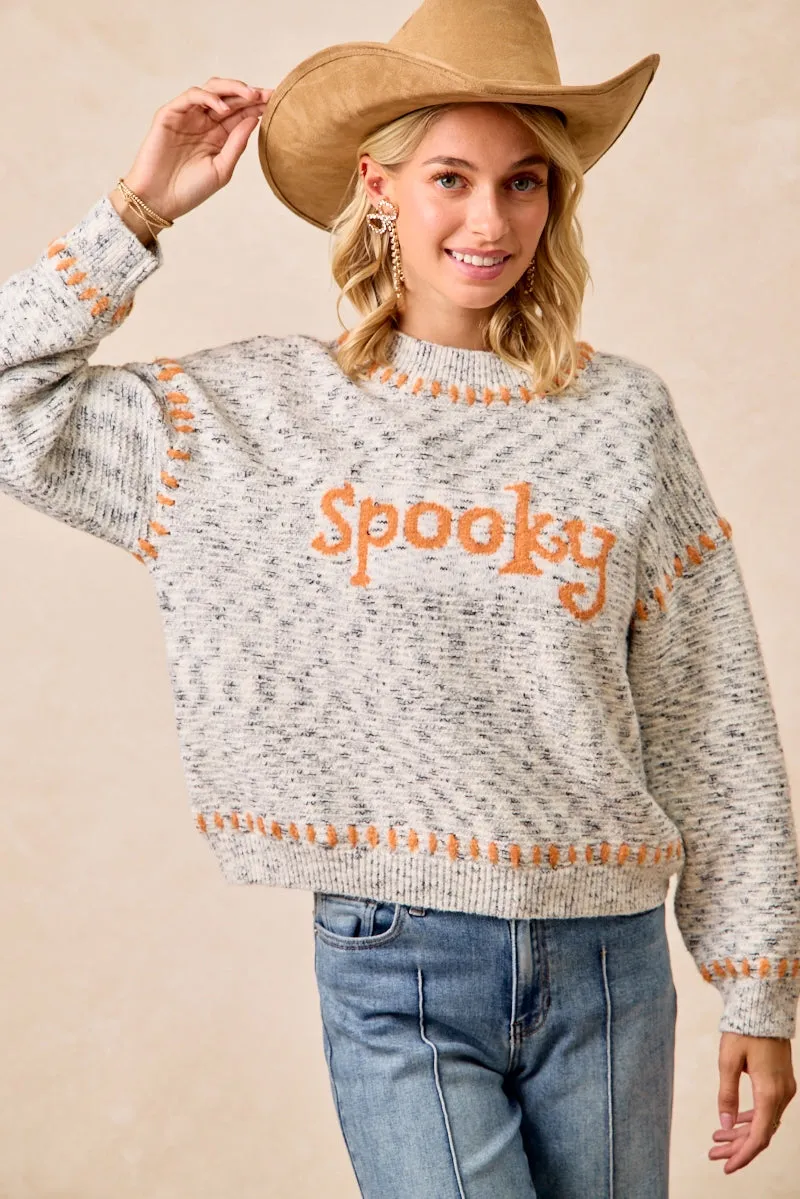 Bonded Fabric IT4663S-01 | MELANGE SWEATR SPOOKY LETTER KNIT TOP WITH STITCH