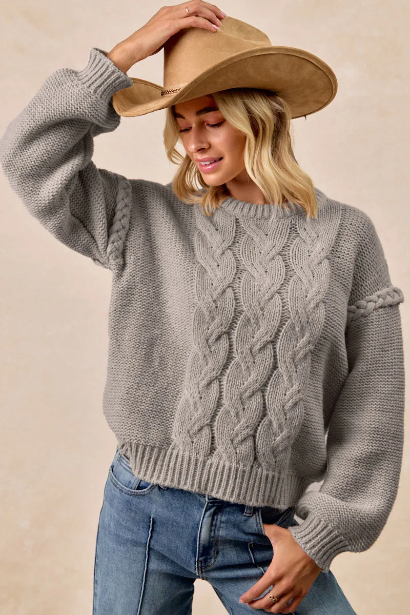 Bonded Seam Technology IT4645S-01 | CABLE KNIT SWEATER TOP WITH SHOULDER BRAID DETAIL