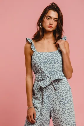 quick dry IB1658-01 | LEOPARD PRINT DENIM RUFFLE SHOULDER STRAP JUMPSUIT WITH SELF BELT